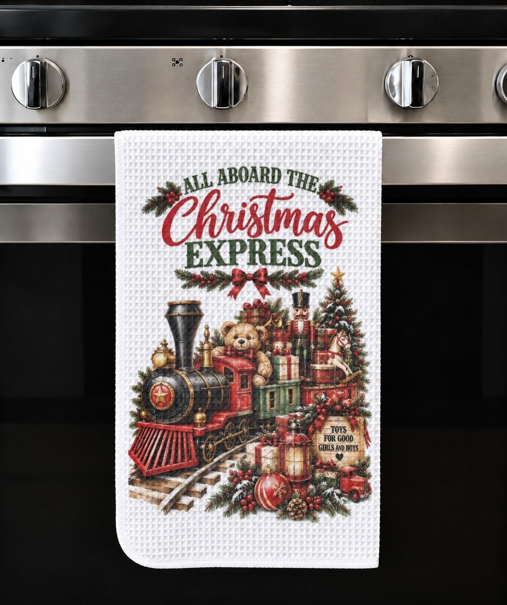All Aboard Christmas Express Train Kitchen Towel Vintage Holiday Decor